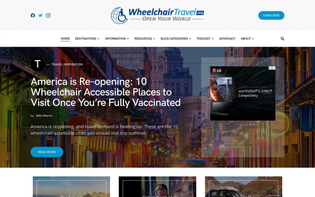 Screenshot of Wheelchair Travel website homepage.